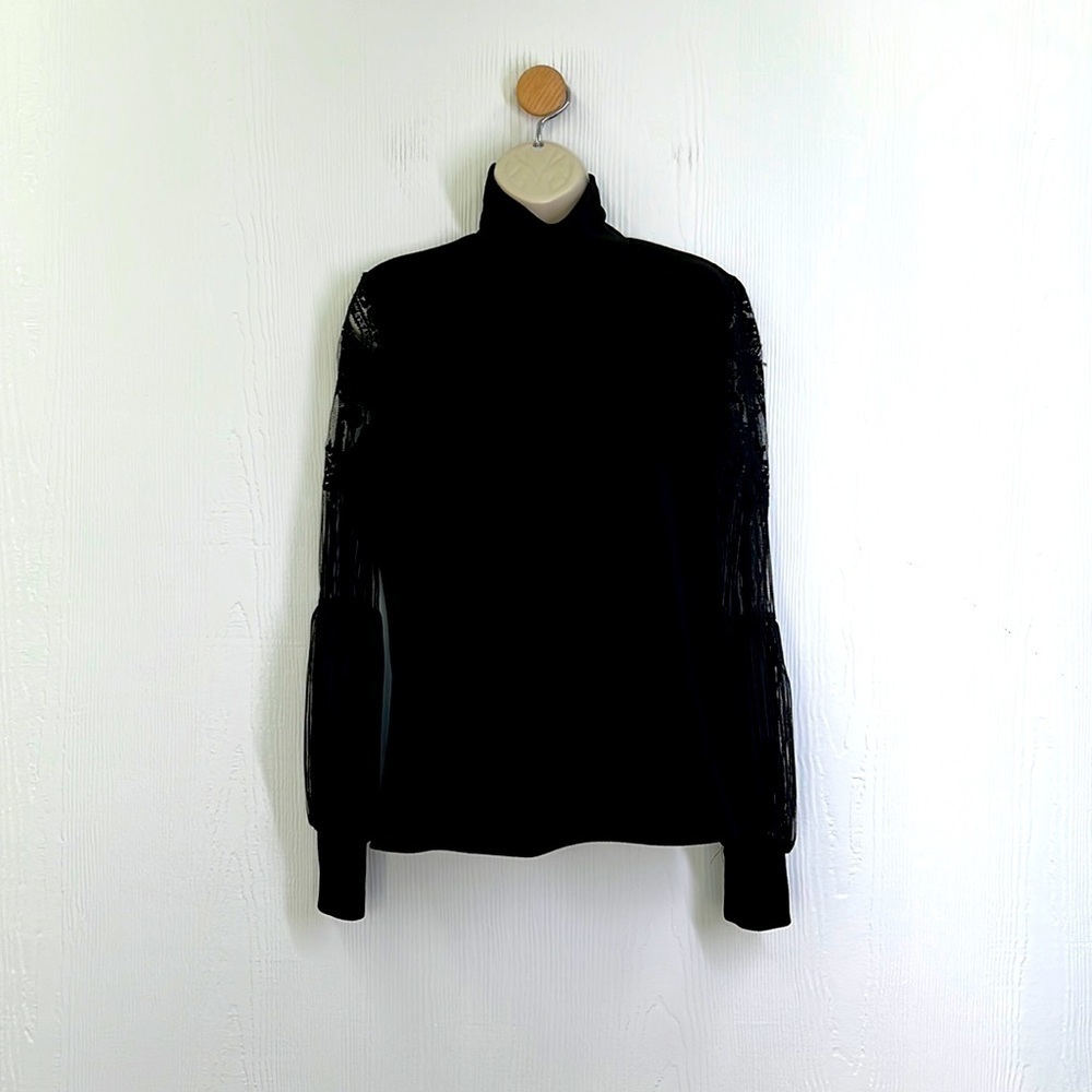 Floerns - High Neck Black Lace Lantern Long Floral Sleeve Blouse Size Medium